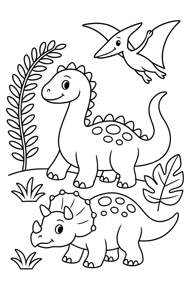 Two dinosaurs and a flying pterosaur among simple plants in black-and-white printable line art