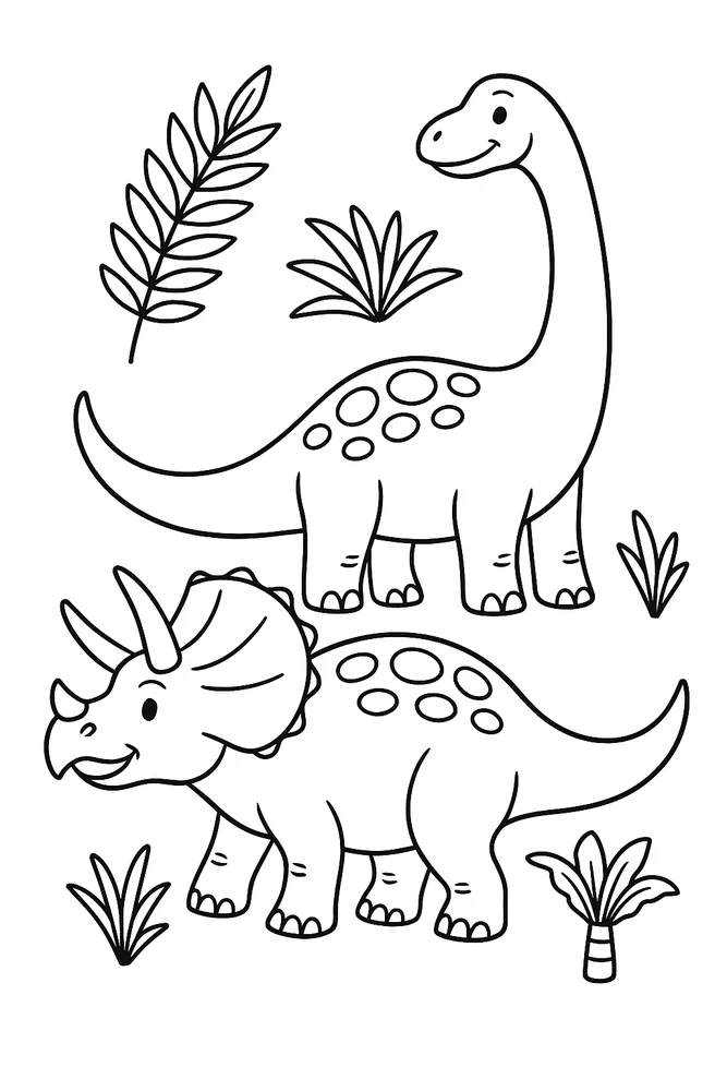 Triceratops and long-necked dinosaur among leafy plants in black-and-white line art