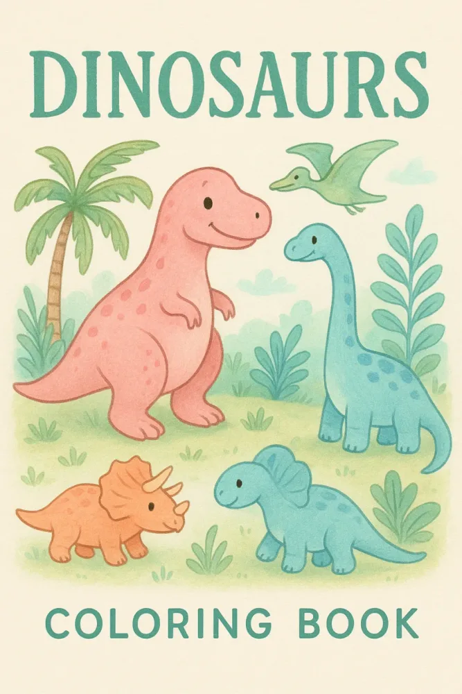 Softly coloured Dinosaur Coloring Book cover with pink, blue and orange dinosaurs among green plants