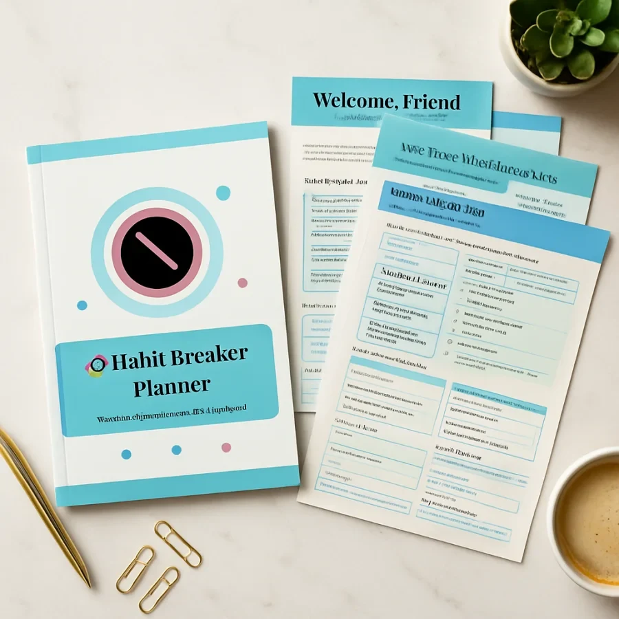 Cyan-accented Habit Breaker Planner cover and matching guided pages arranged as a stationery flat lay