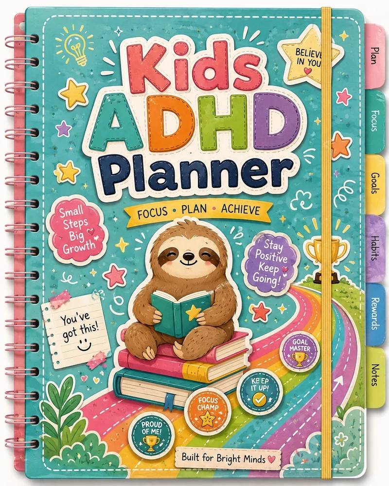 Kids ADHD Planner cover with illustrated school supplies, a teddy bear and vivid color