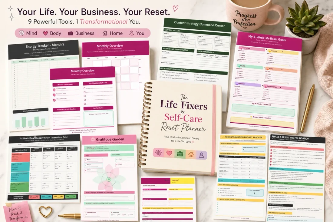 Colorful multi-page reset planner kit combining business strategy, goals, tracking grids and reflection pages
