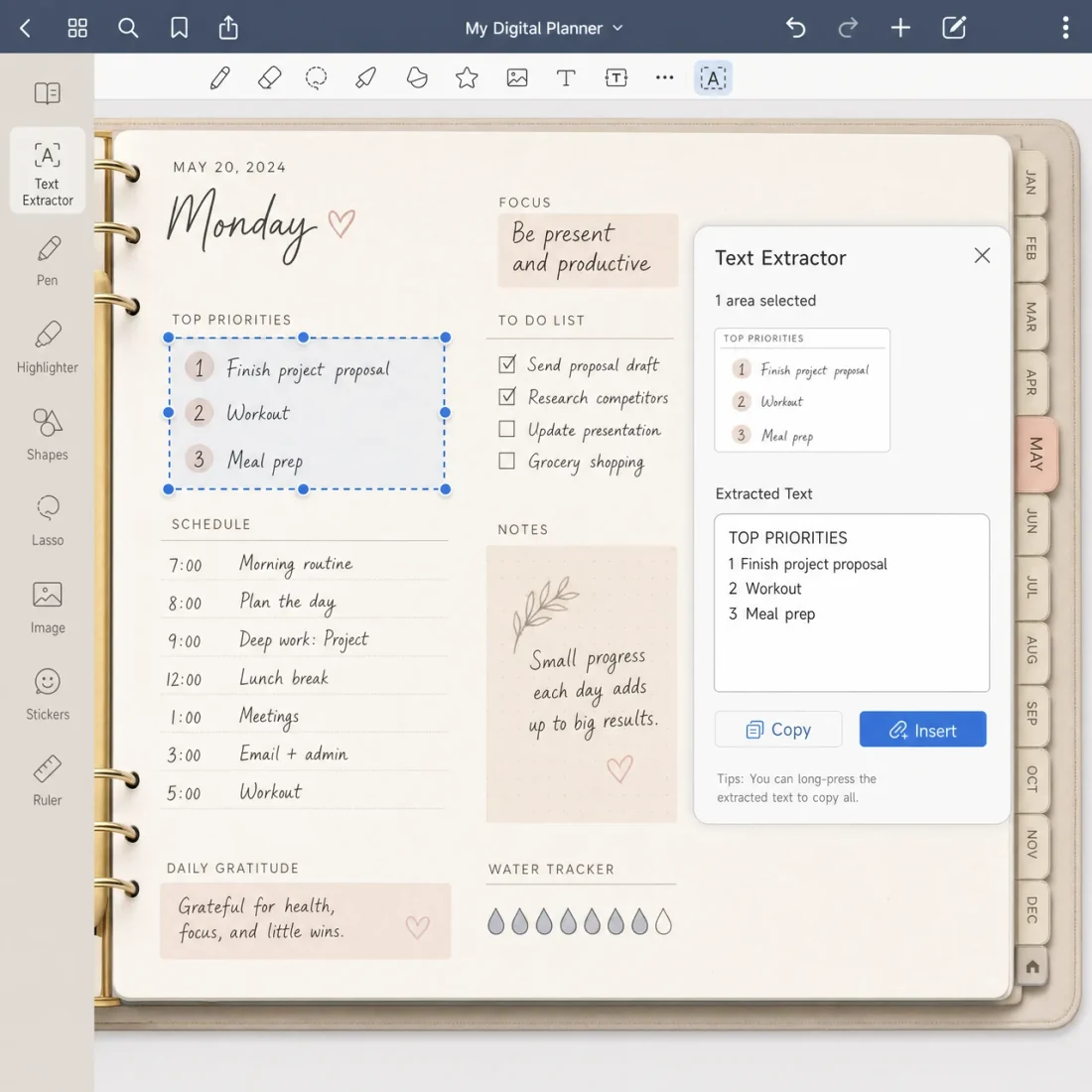 Digital planner open on a tablet, showing a neutral daily schedule, priorities and notes beside an extraction panel