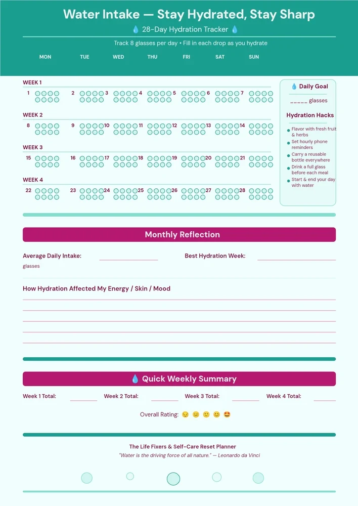 Teal 28-day hydration tracker with daily water goals, weekly grids and monthly reflections