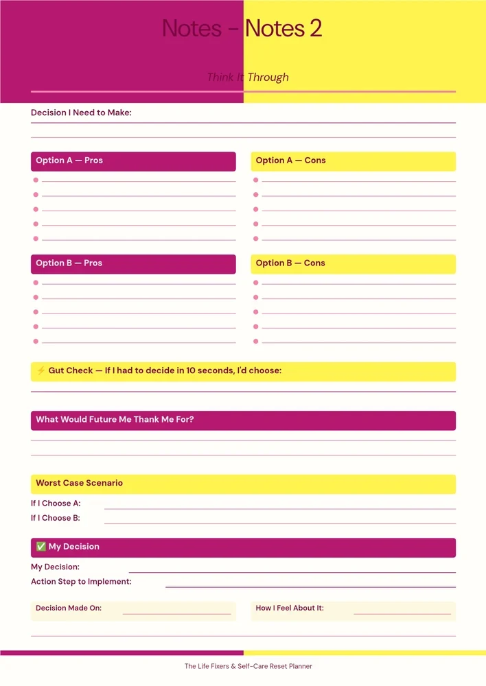 Two-tone planner worksheet with decision prompts, pros-and-cons columns and an action section