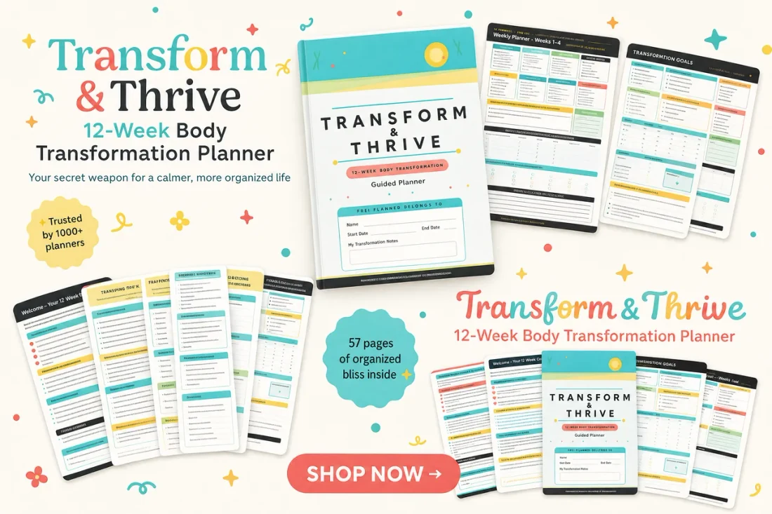 Transform & Thrive 12-week body-transformation planner shown with a turquoise cover and coordinated planning pages