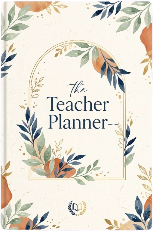 Blue-and-green floral Teacher Planner cover with a decorative frame and leafy details