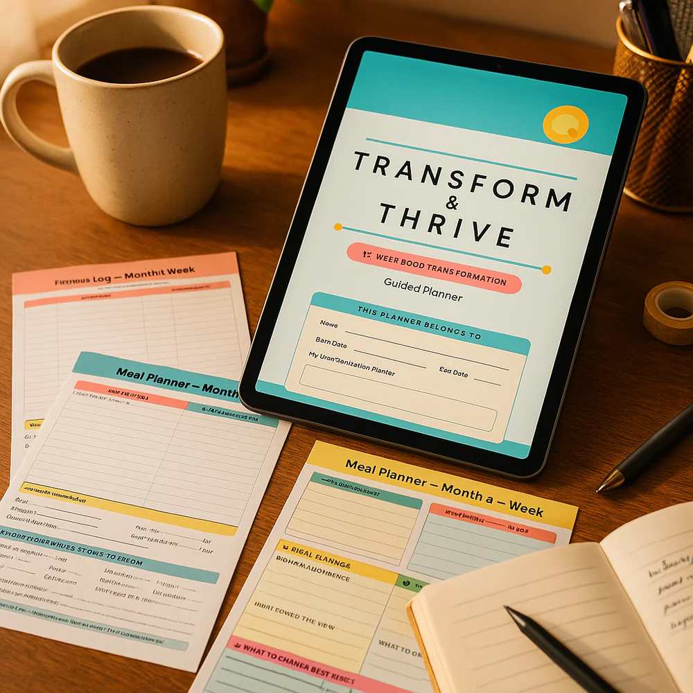 Tablet showing a Transform & Thrive planner cover beside coordinated pages, a cup and stationery.