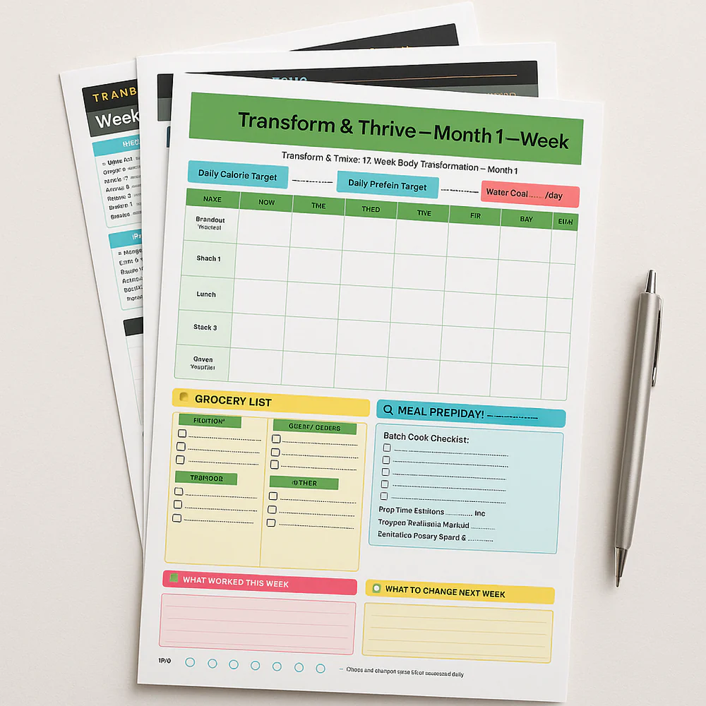 Stack of green, pink and yellow monthly planning pages with a pen alongside.