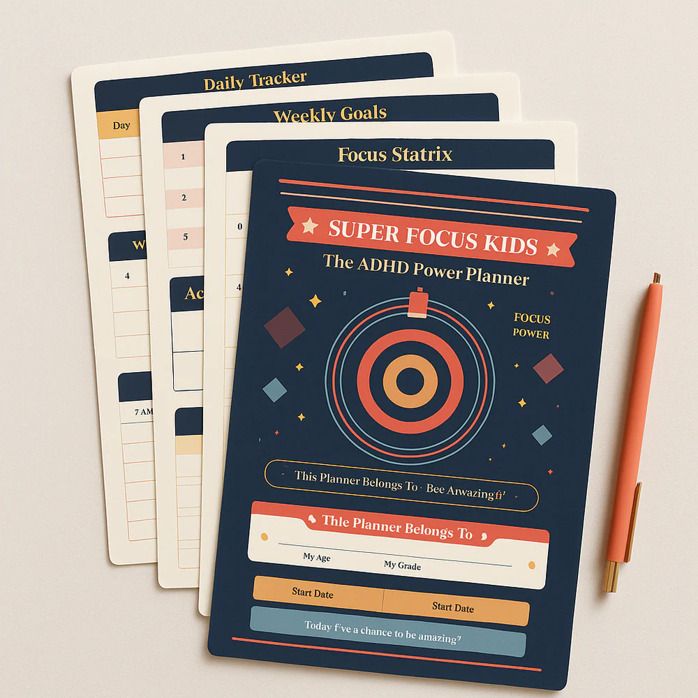 Dark blue Super Focus Kids planner cover displayed with a stack of matching pages.