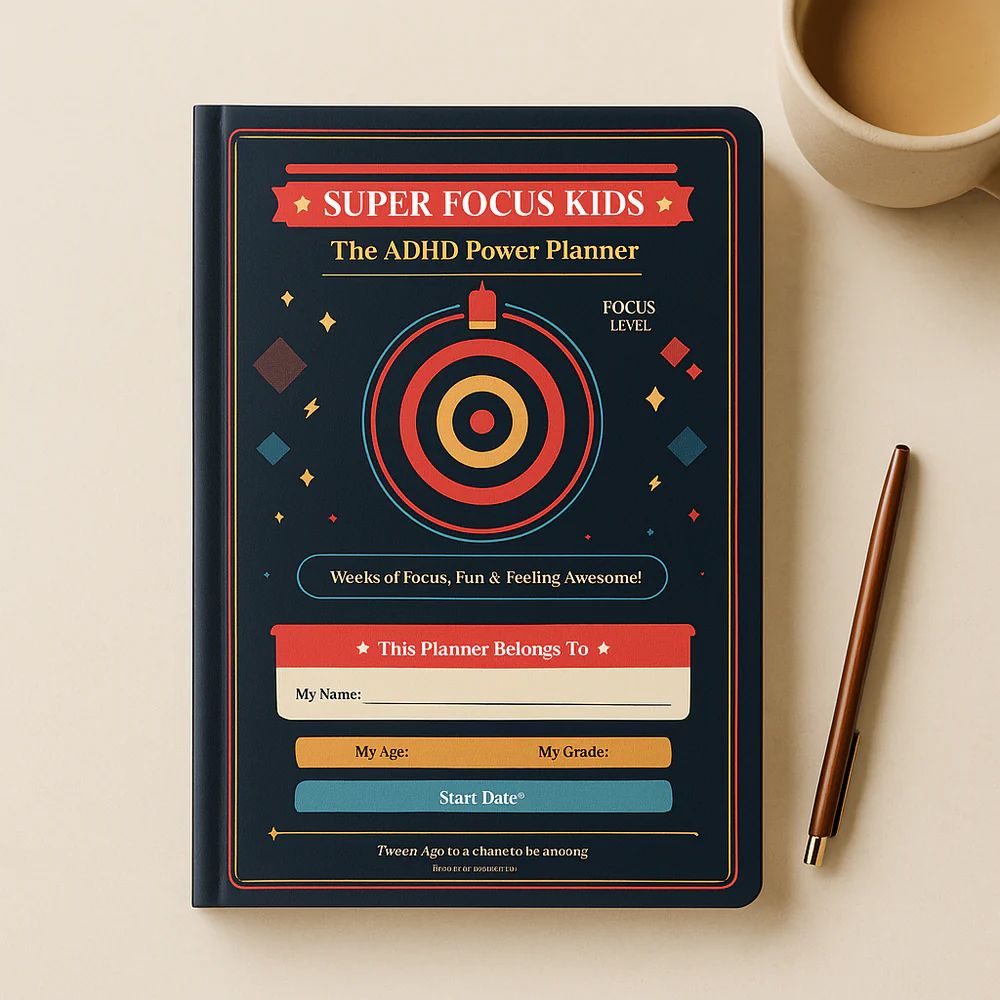 Dark blue Super Focus Kids planner cover with a target illustration, pencil and coffee cup.