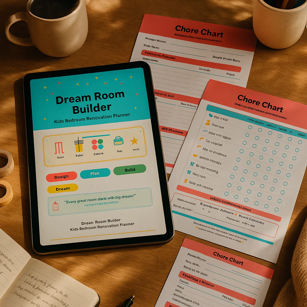 Dream Room Budgeter and Clean Check planner pages arranged on a desk with coffee and stationery.