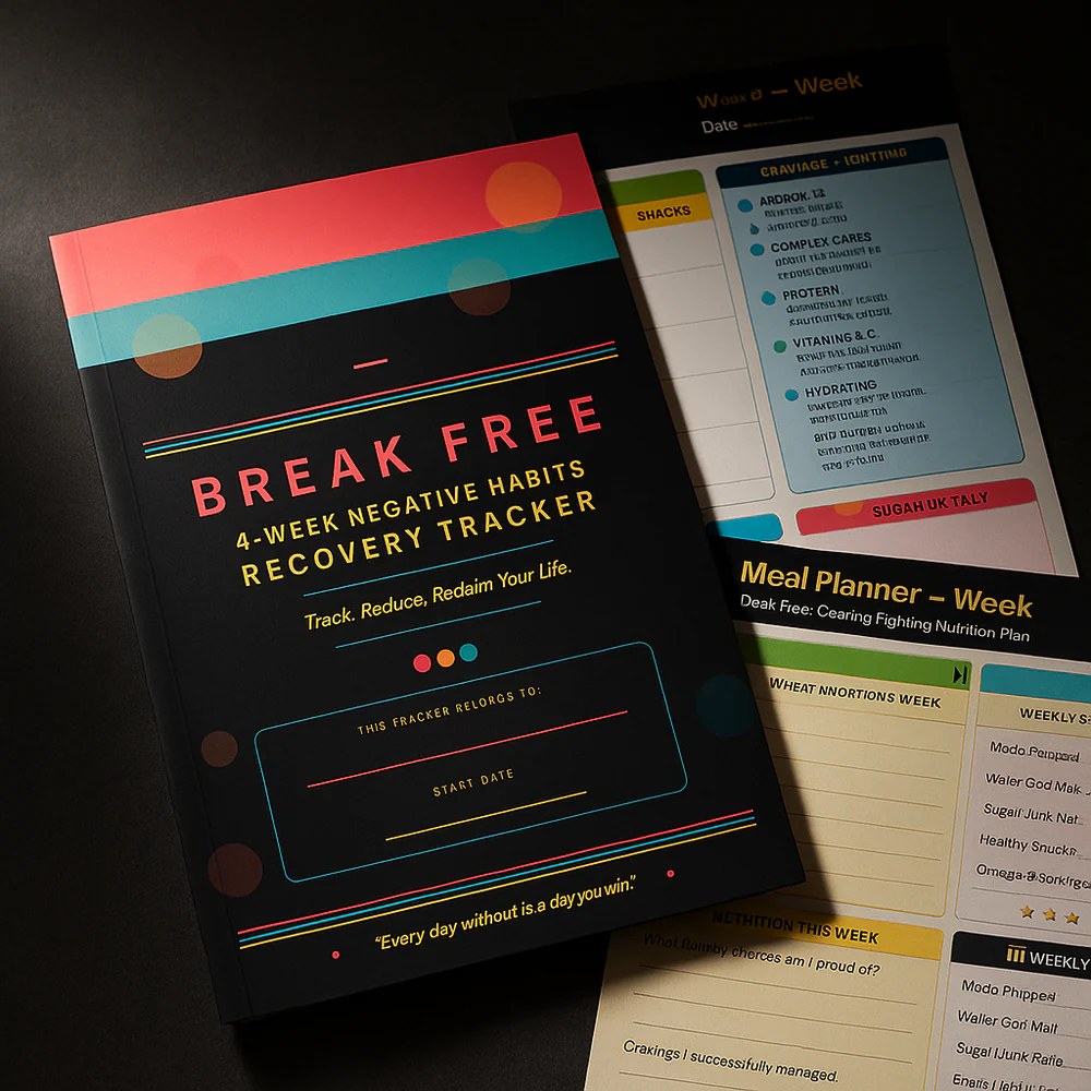 Break Free ADHD planner cover displayed at an angle beside sample pages and desk accessories.