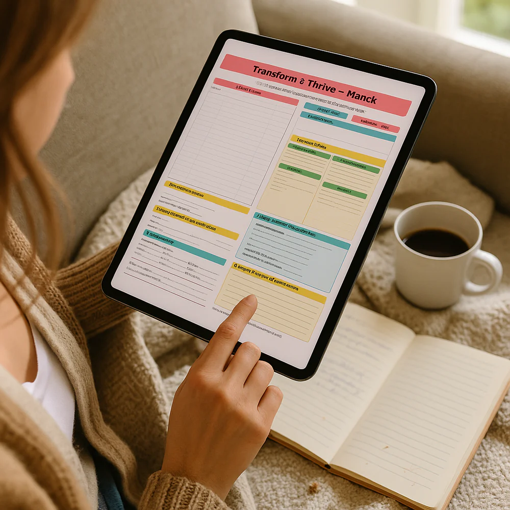 A person holding a tablet that displays a colorful planner page beside an open notebook.