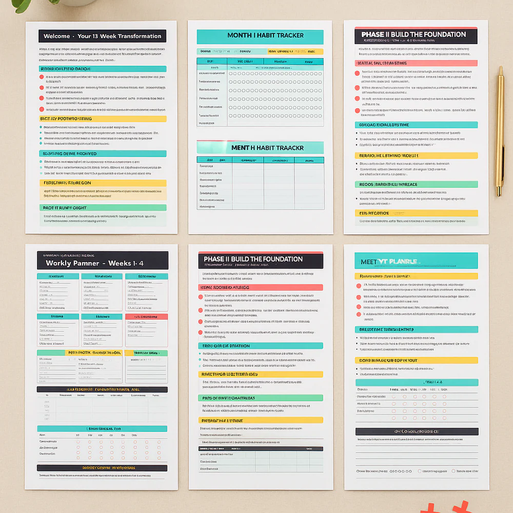 Grid of colorful planner-page previews arranged in an overhead layout.