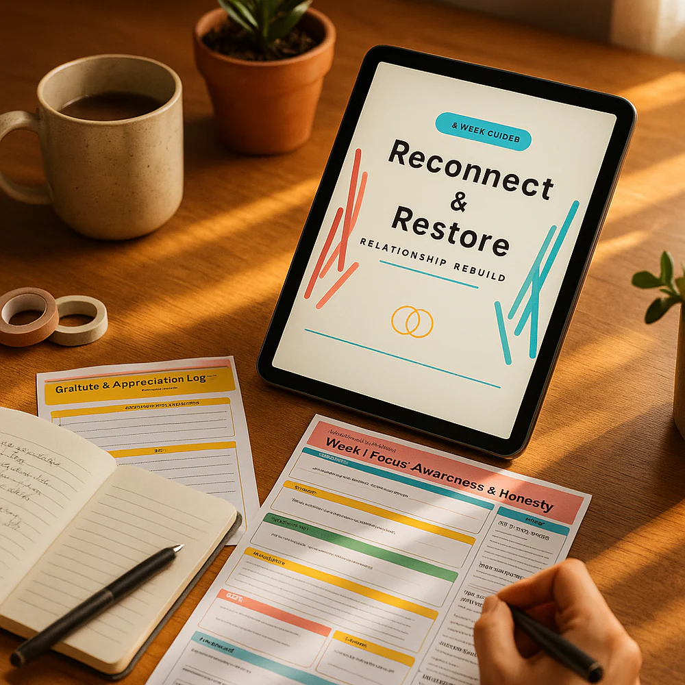 Reconnect and Restore planner pages and a tablet arranged on a wooden desk with a cup and plant.