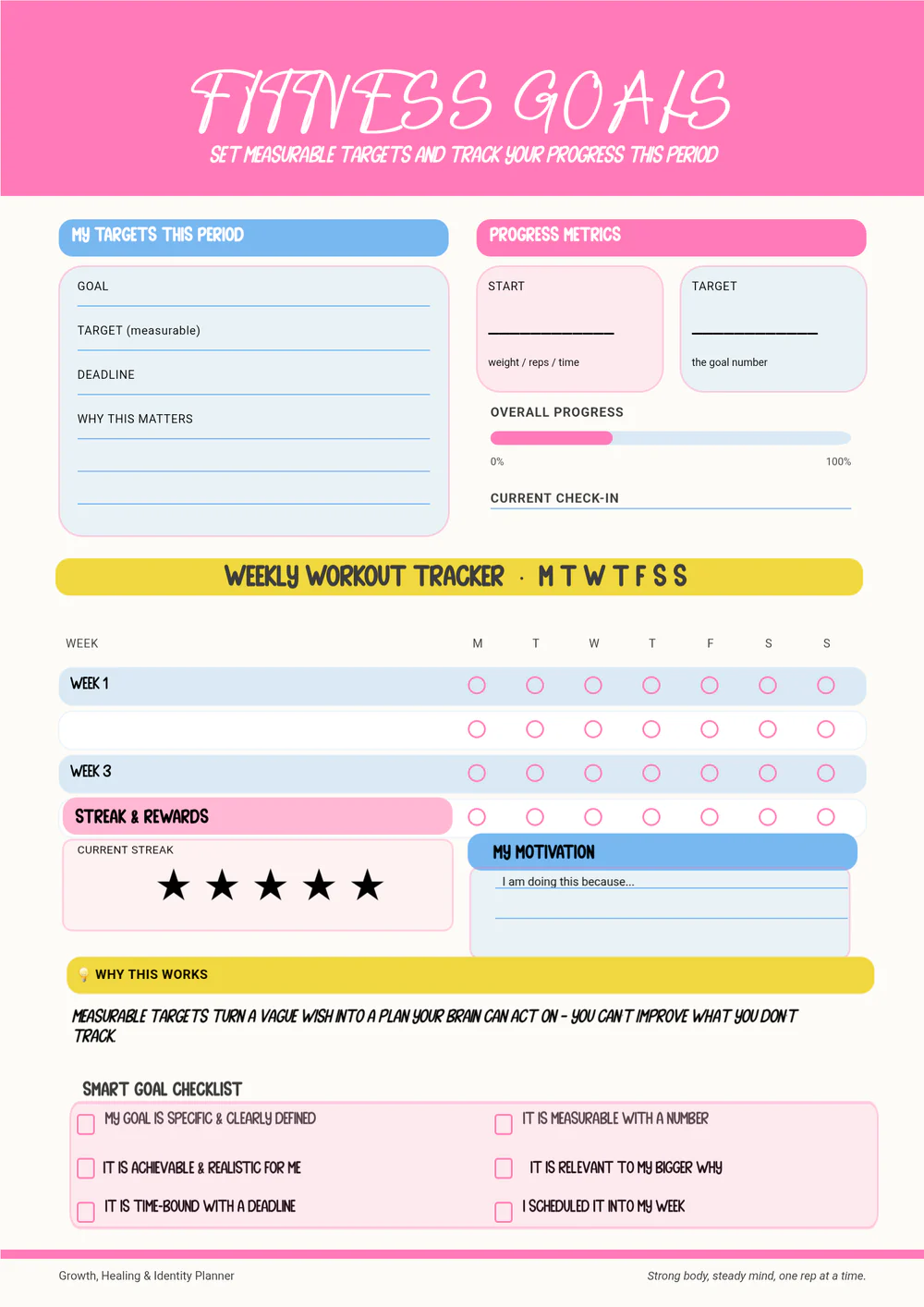 Fitness-goals planner page with a bright pink heading, yellow and blue sections, and weekly tracking fields.
