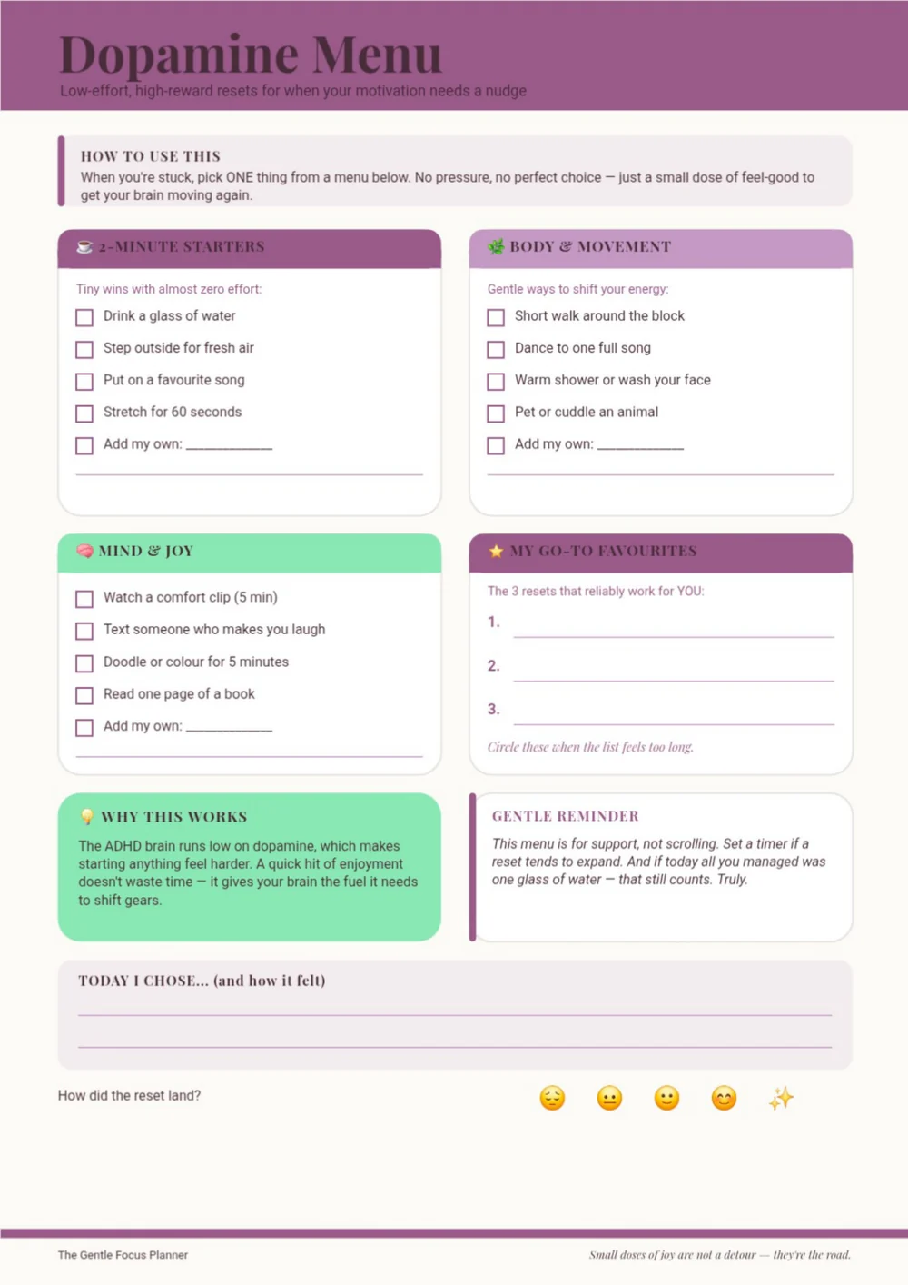 Planner worksheet headed “Depression Menu,” with a list layout and muted purple and green accents.