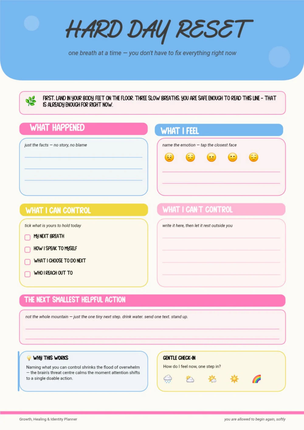 Hard Day Reset worksheet with a blue heading and pastel prompts arranged in colored panels.