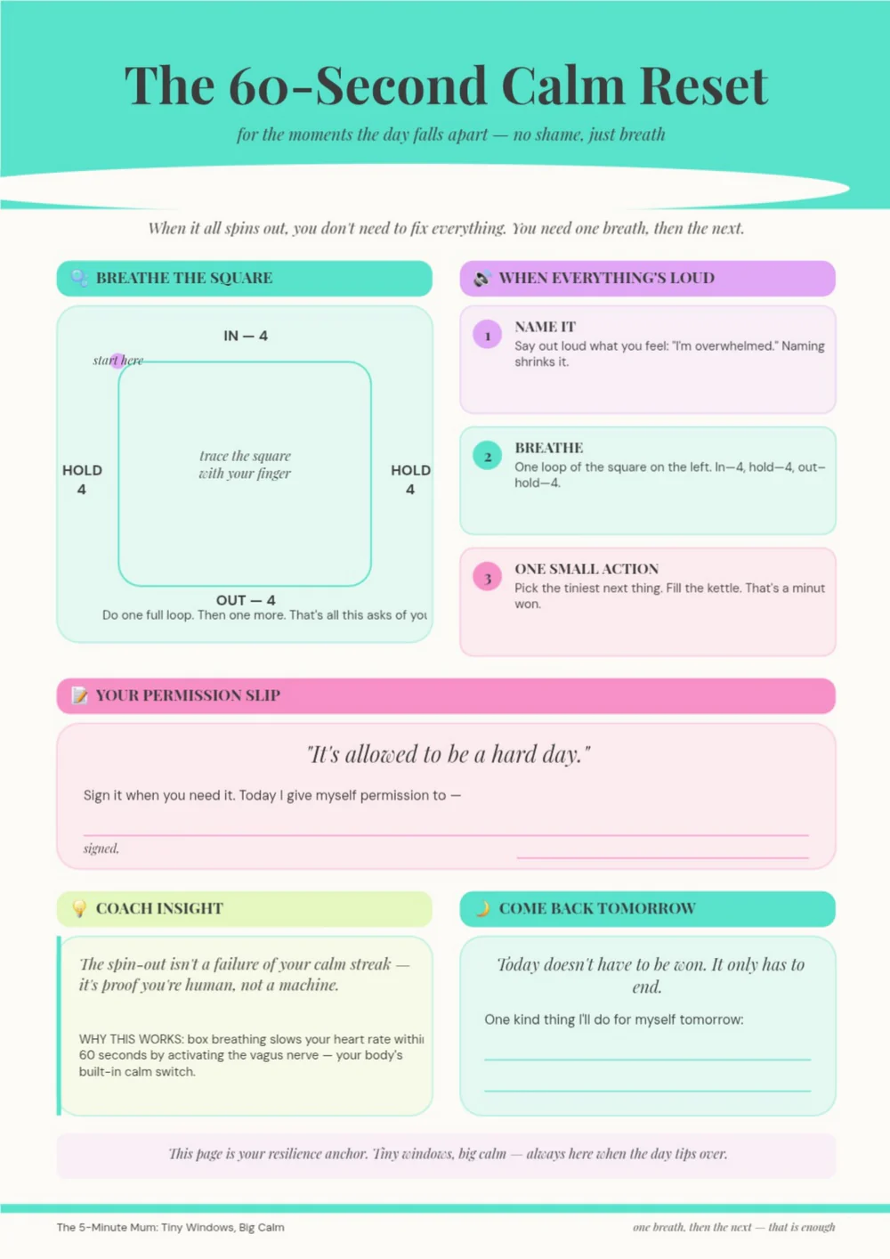 The 60-Second Calm Reset page with a pink header, simple breathing prompts and pastel sections.