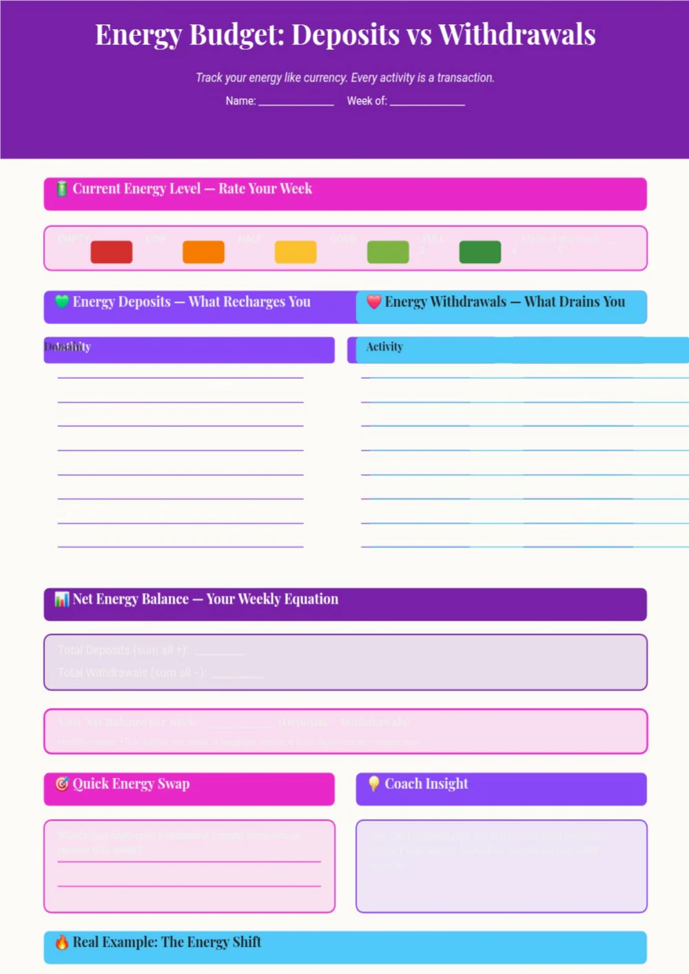 Level Up daily dashboard page with a purple title band and organized colored planning fields.