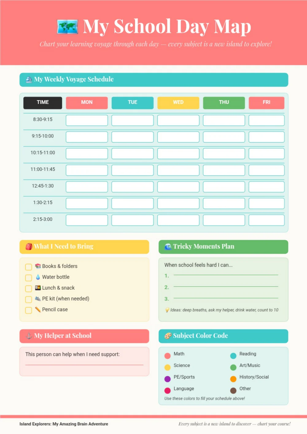 No School Day Map planner page with a turquoise heading and a grid of colorful activity boxes.