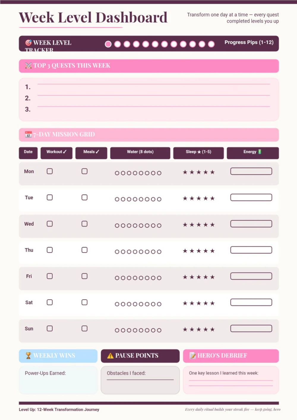 Weekly Level Up dashboard with magenta headings and colorful progress and planning rows.