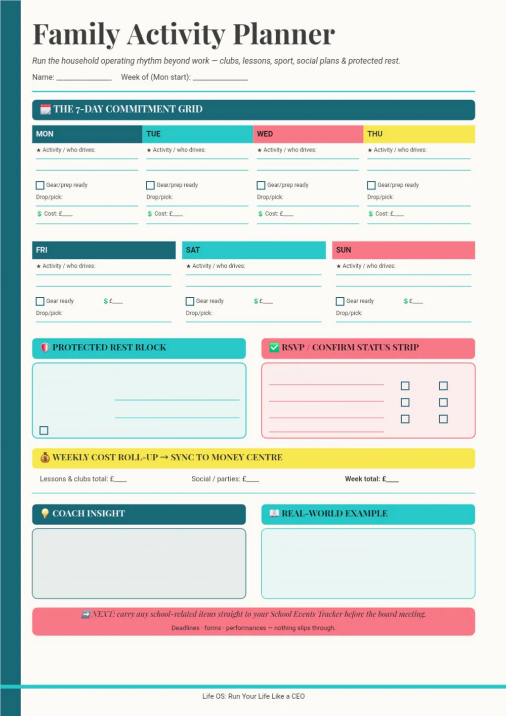 Family Activity Planner page with a teal heading, colored activity columns and a notes area.