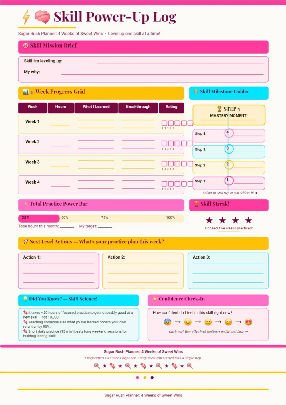 Candy for Goals planner page with bright pink, yellow and turquoise tracking panels.