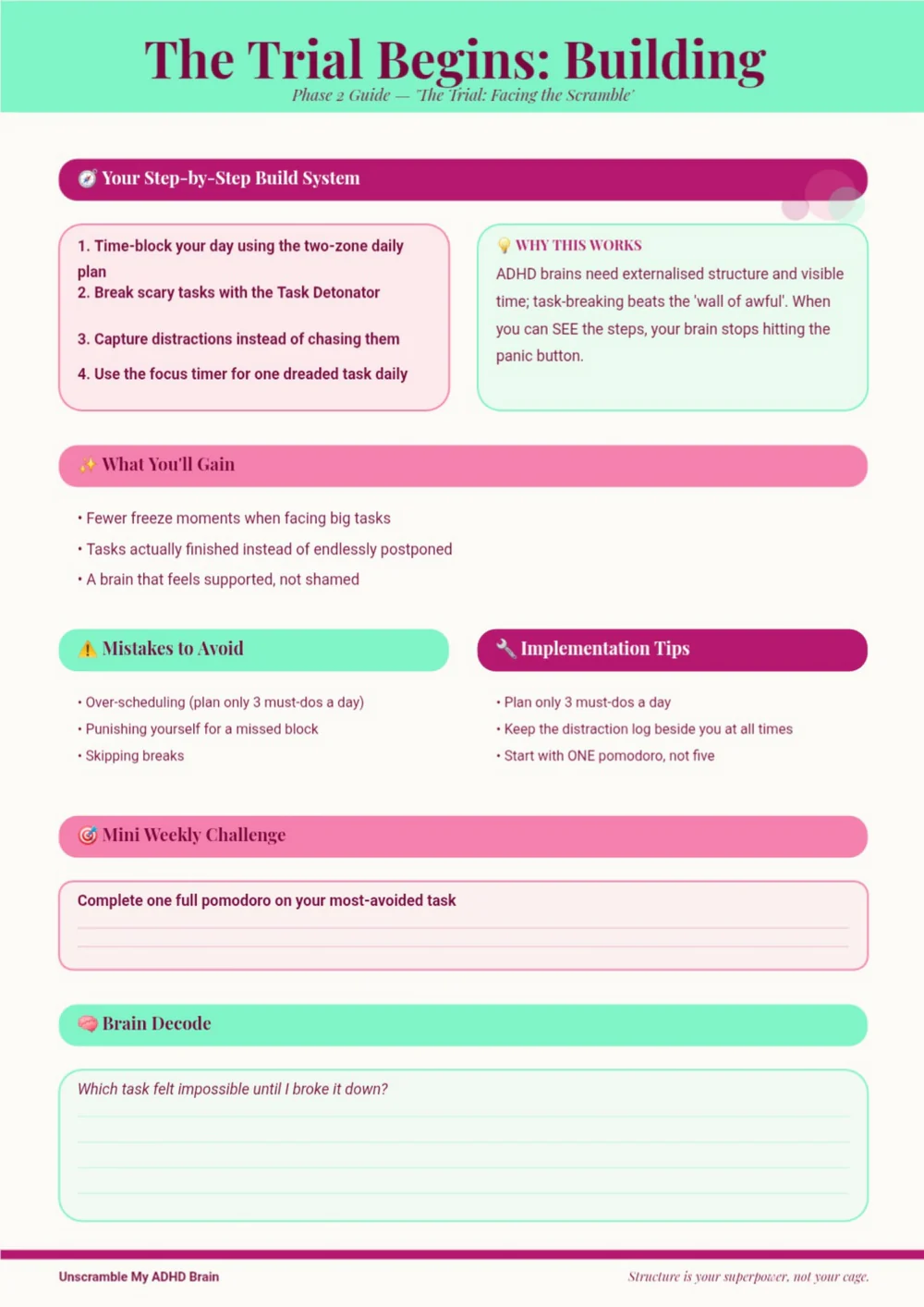 Colorful energy-planning worksheet with a pink title bar and several compact planning sections.