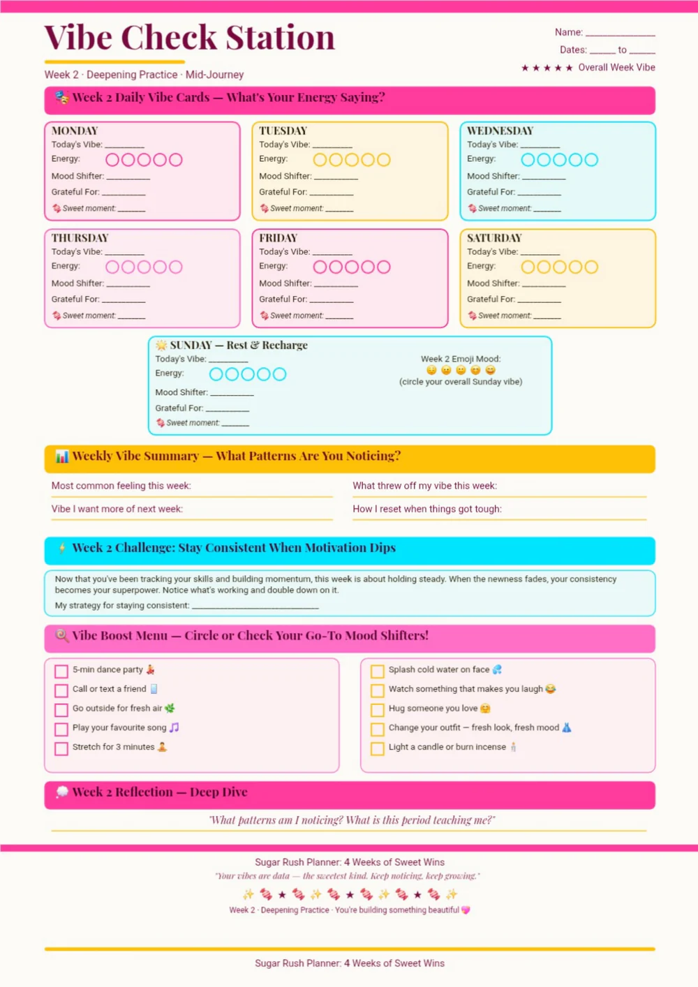 Level Check Station page with a deep pink heading, progress fields and pastel check-in panels.