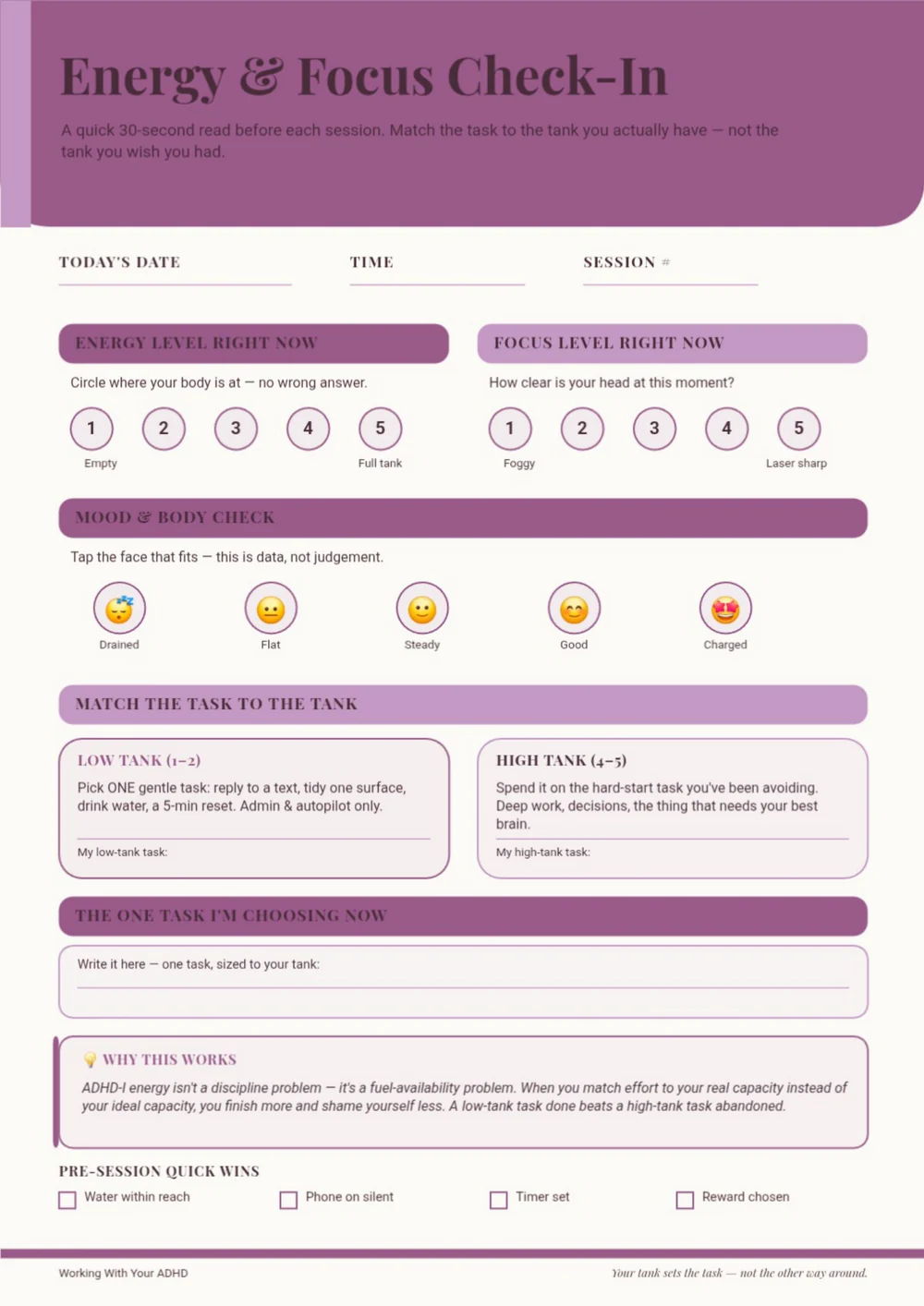 Energy check-in planner page with a muted purple title and a colorful weekly tracker.