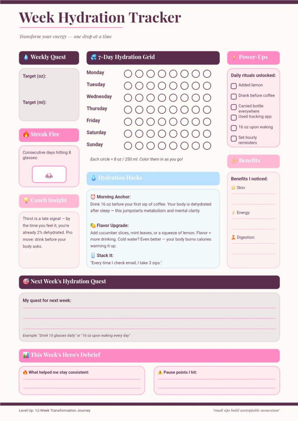Weekly Hydration Tracker with a magenta heading, calendar grid and colored check-in sections.