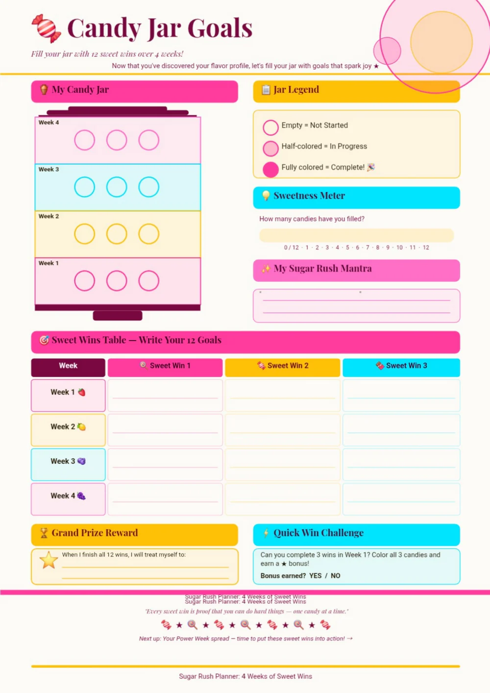 Candy for Goals progress worksheet with turquoise, yellow and pink sections.