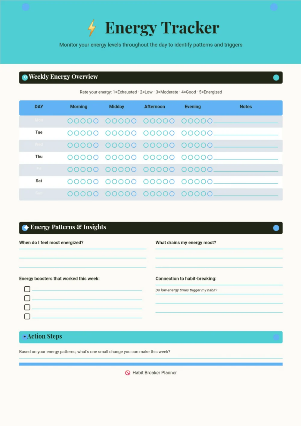 Energy Tracker worksheet with a turquoise heading, progress bars and a daily grid.