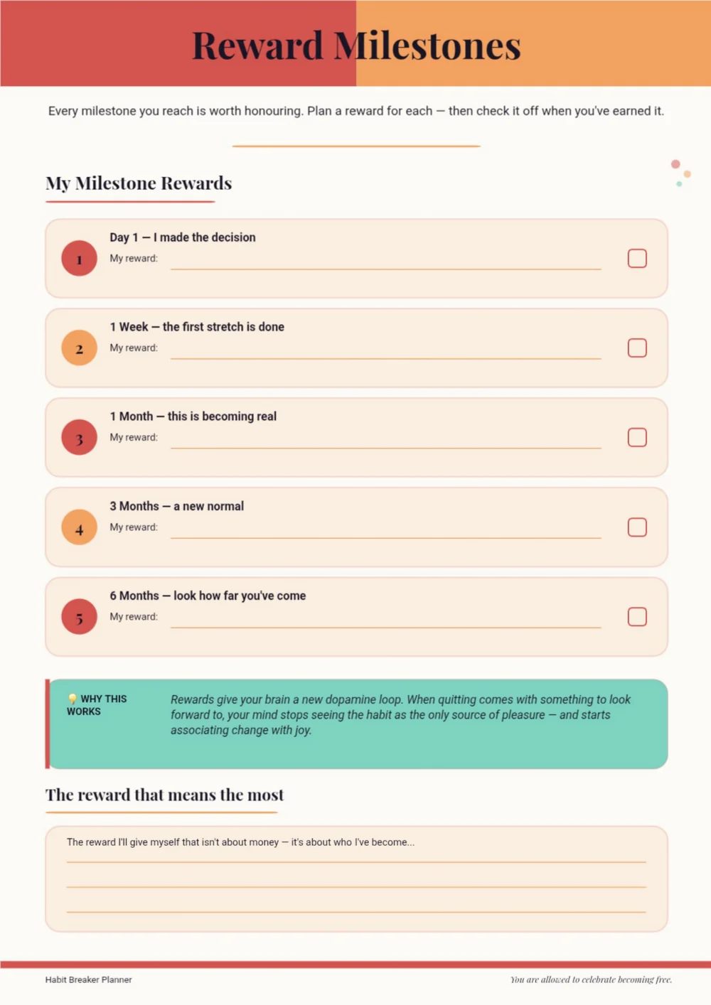 Reward Milestones page with warm orange accents, round icons and a stacked list of steps.