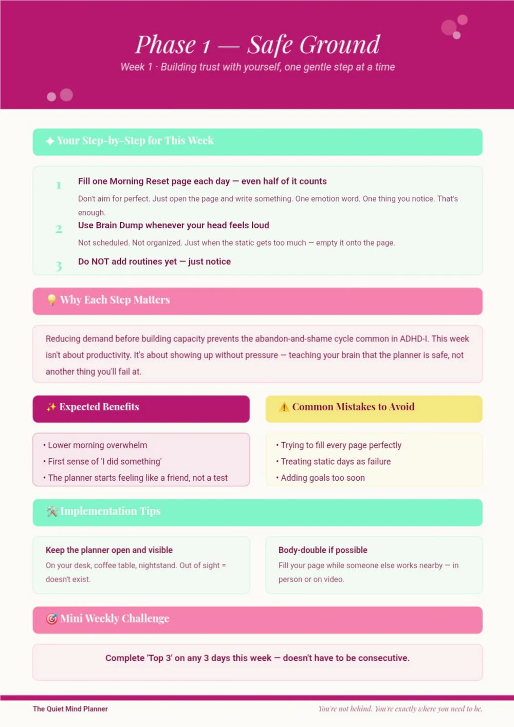 Quiet Mind planner page with a muted purple heading and tidy self-reflection prompts.