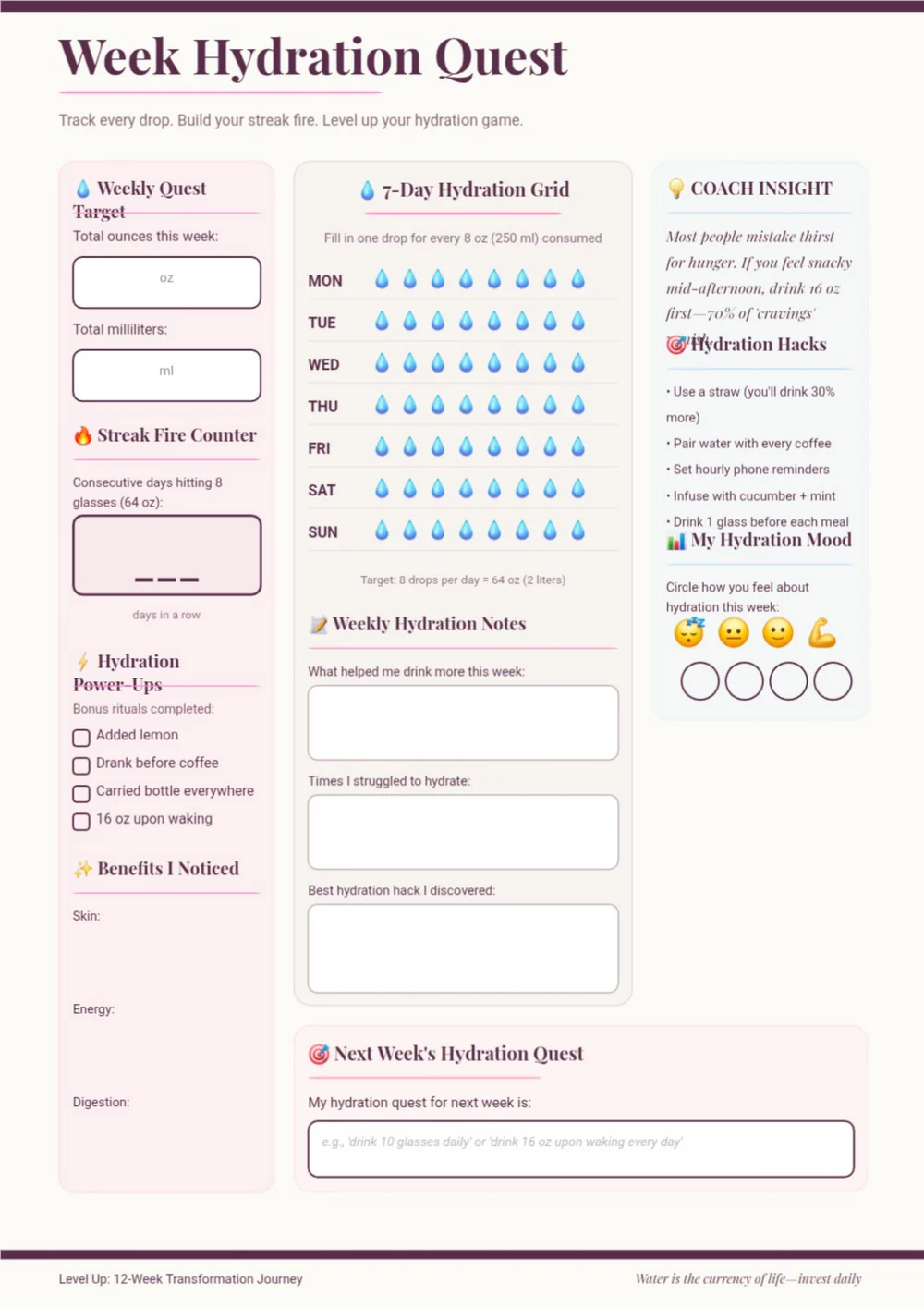 Hydration Quest worksheet with a purple title band, calendar marks and weekly planning spaces.