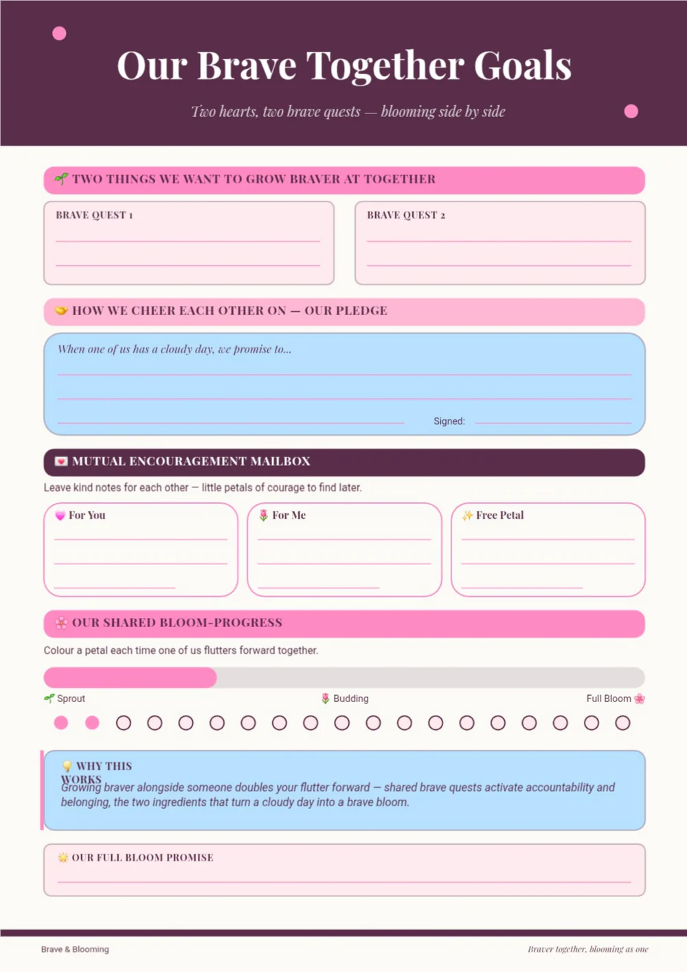 Our Brave Together Goals page with a dark plum heading and pastel goal-setting panels.
