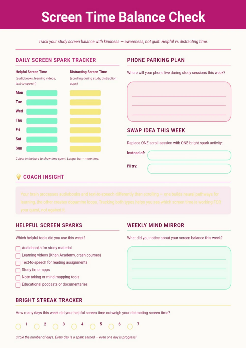 Screen Time Balance Check page with a pink heading, green tracking blocks and a reflection area.