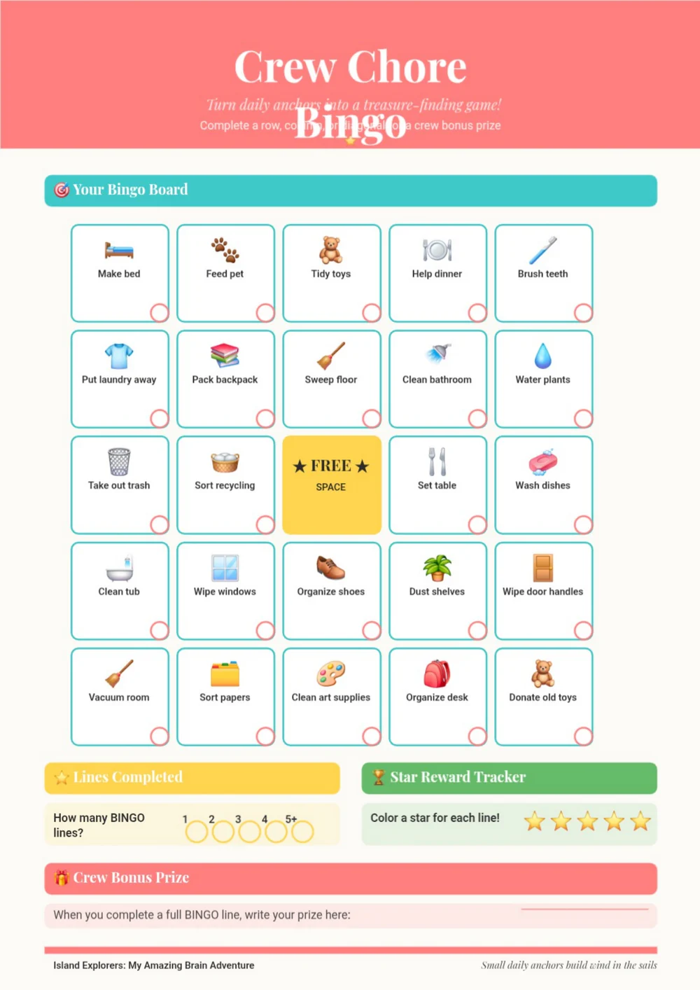 Crew Chore Chart page with a coral title band, icon-led tasks and colorful weekly sections.