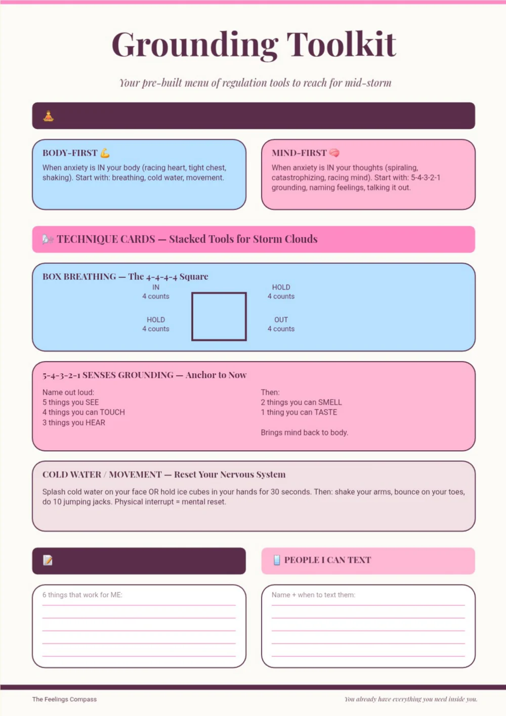 Grounding Toolkit page with a plum heading and brightly colored coping-prompt panels.