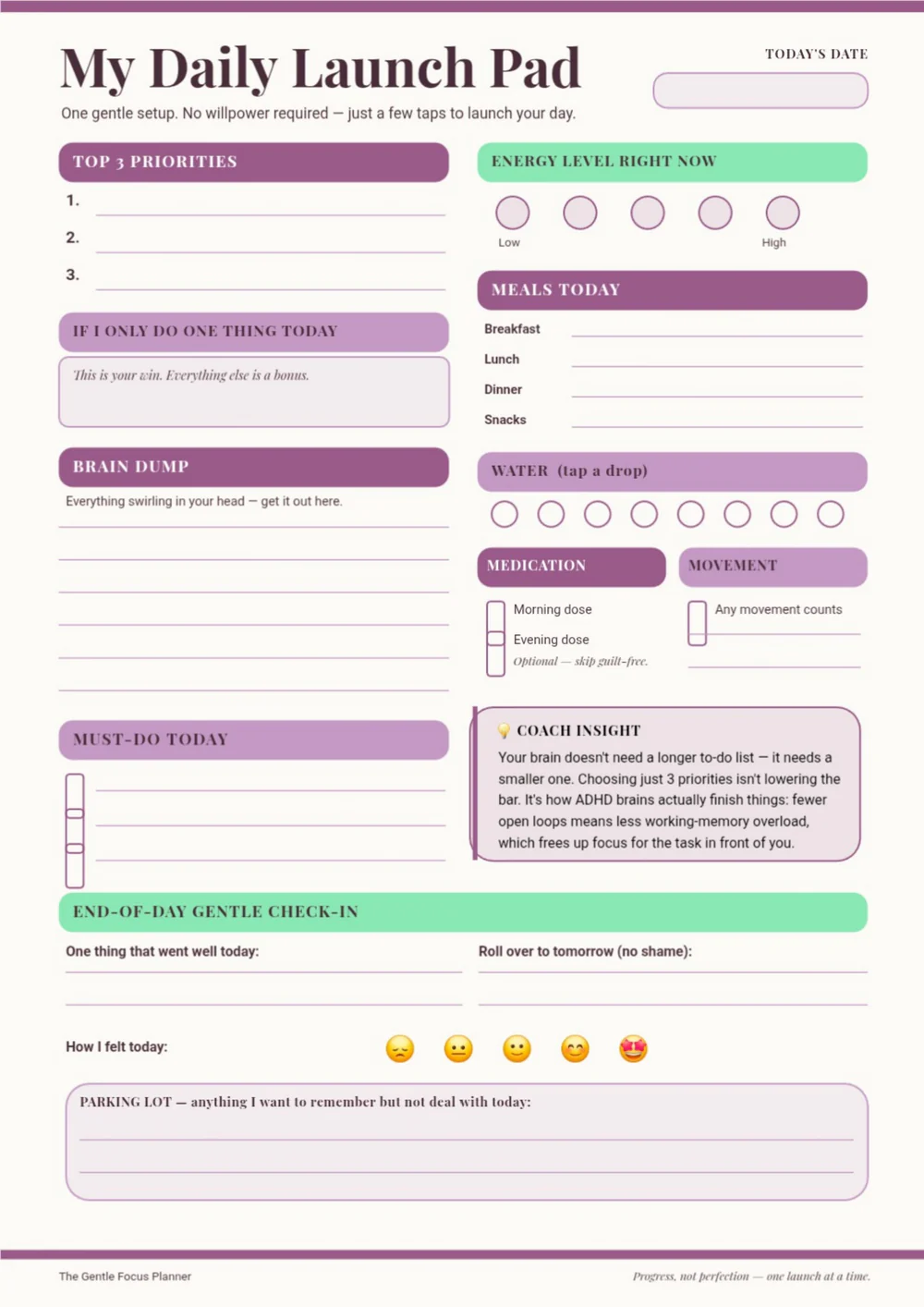 My Daily Launch Pad page with a pink header, daily planning blocks and check-in rows.