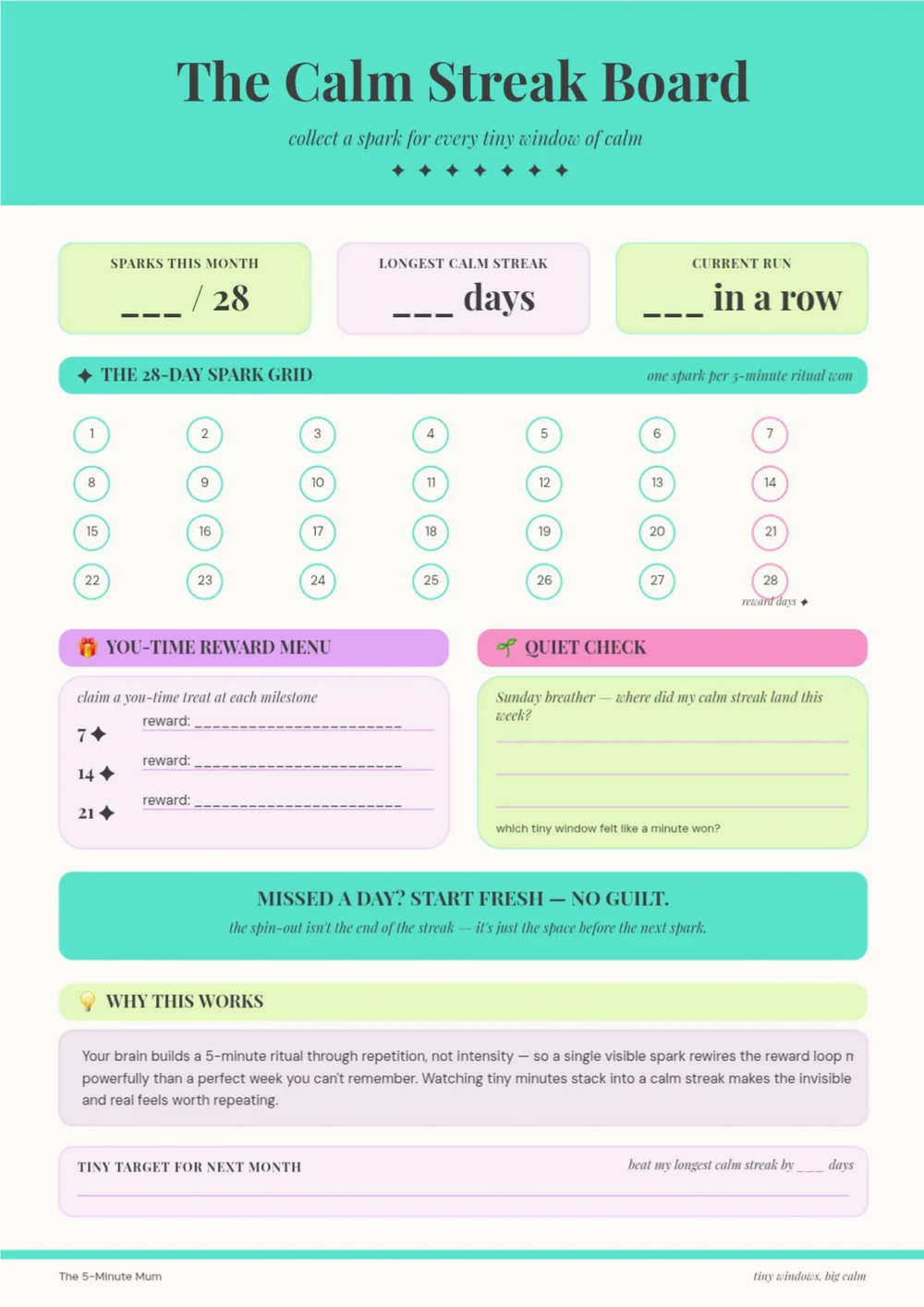 The Calm Streak Board with a teal heading, colorful progress fields and a pink accent.