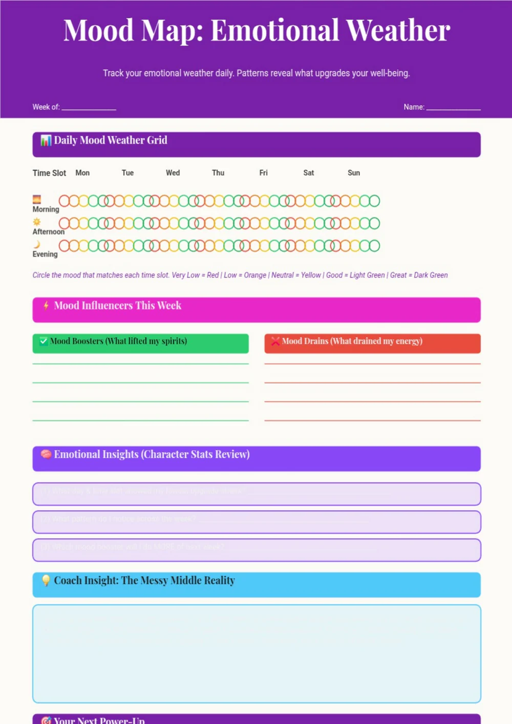 Mood Map Emotional Weather page with a purple heading, colored mood grid and reflection prompts.