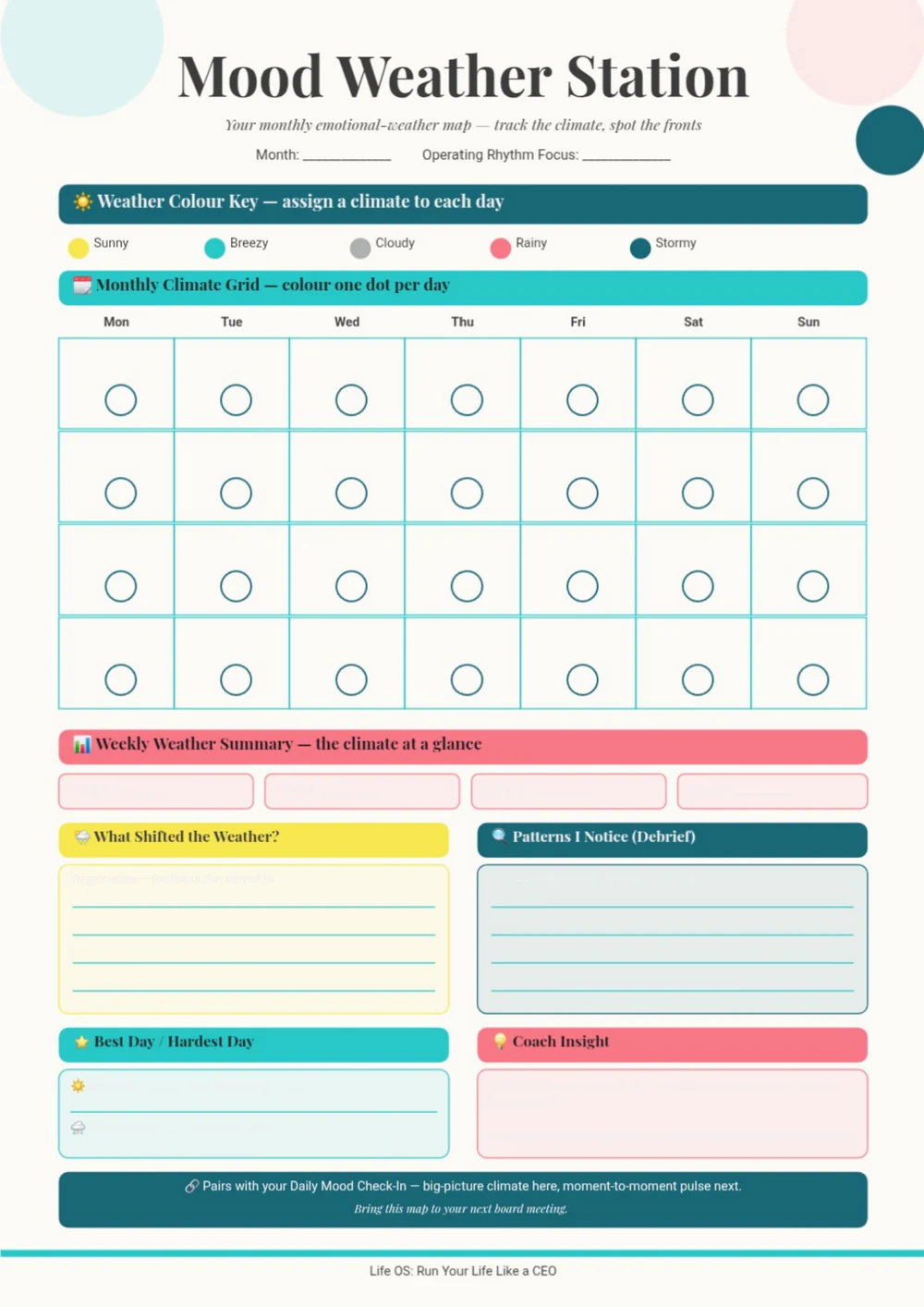 Mood Weather Station page with a teal heading, calendar grid and colorful tracking areas.