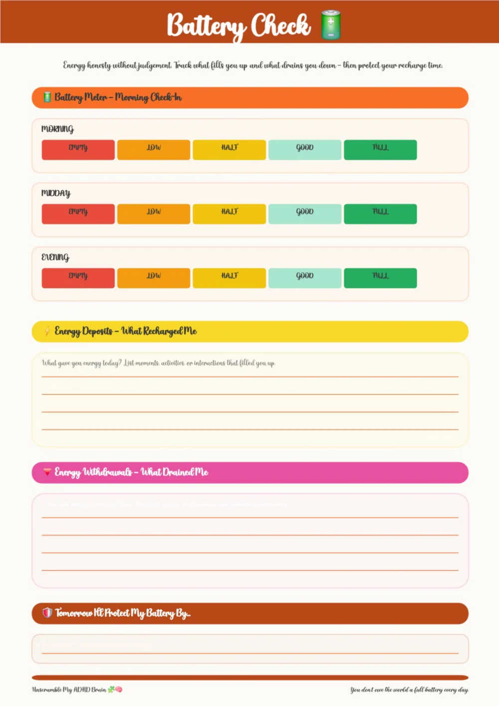 Colorful planner activity page with a turquoise title band and organized prompt sections.