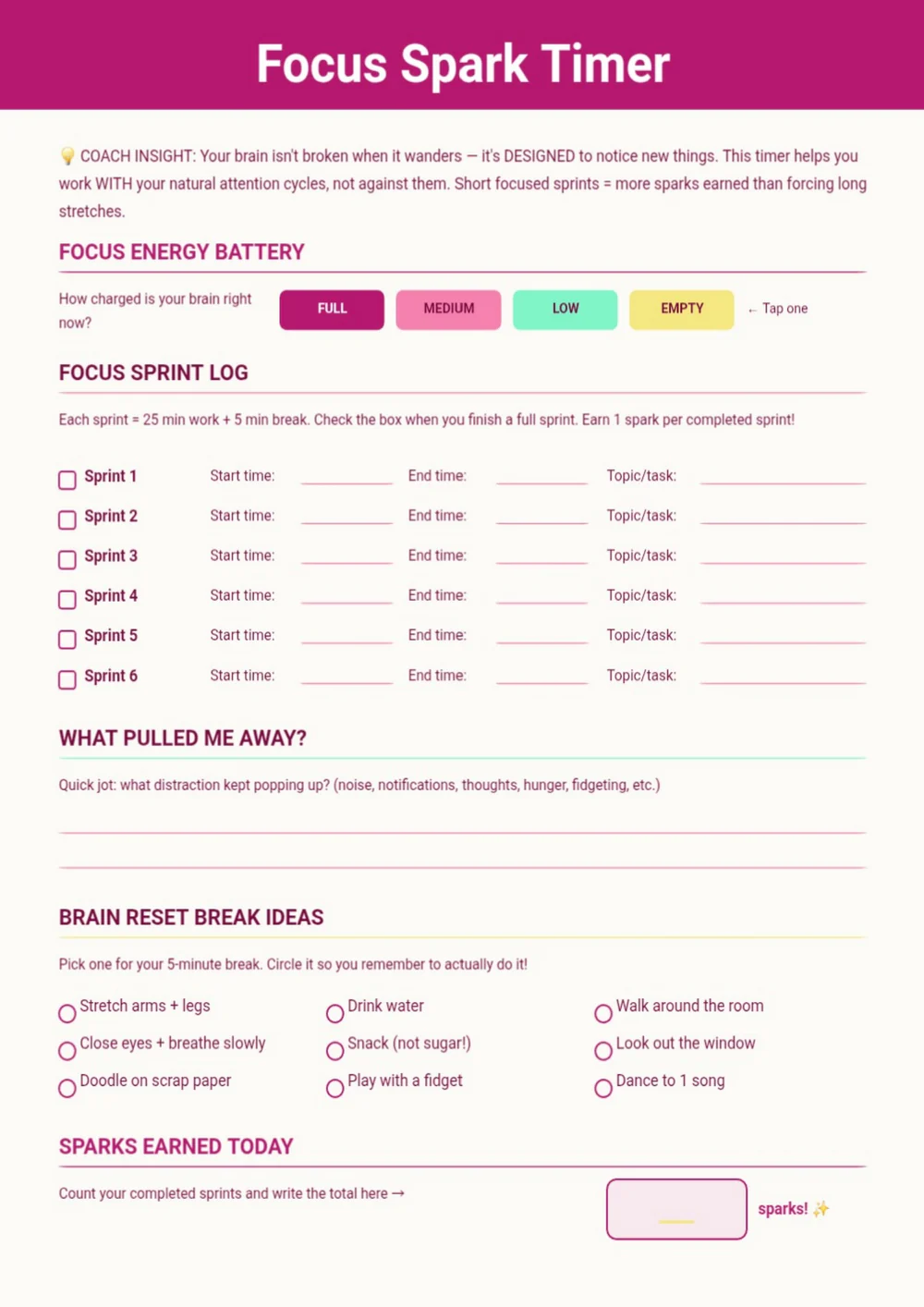 Focus Spark Timer page with a deep pink heading, timing rows and an activity list.