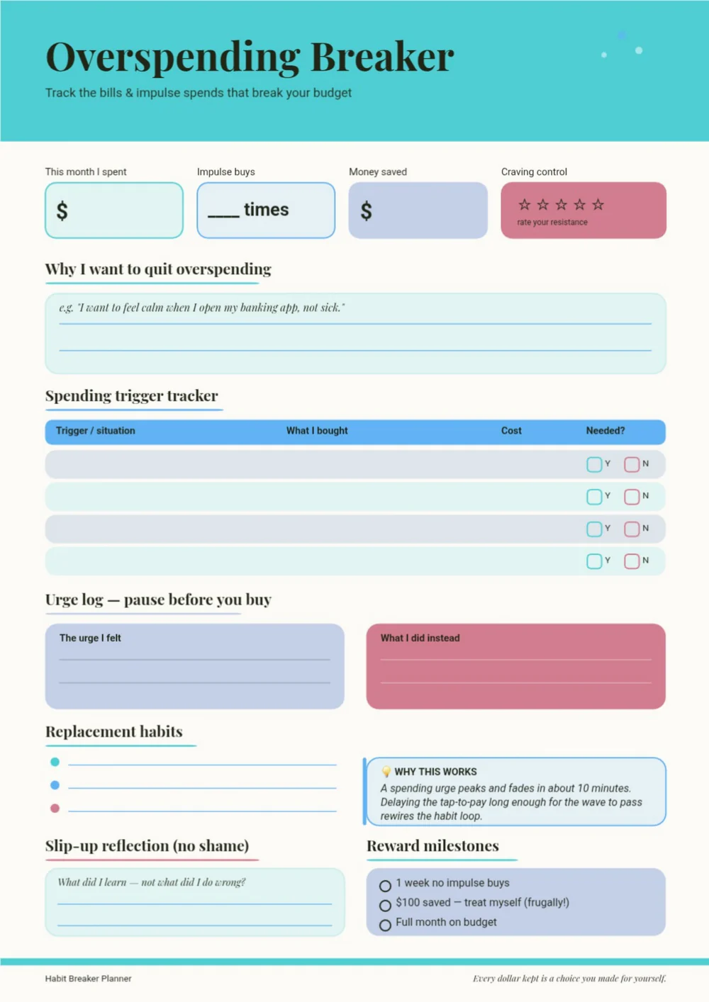 Overthinking Breaker page with a turquoise title band and pastel prompt cards.
