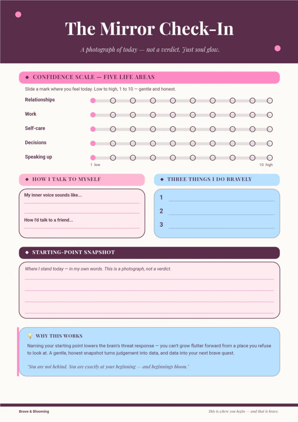 The Mirror Check-In worksheet with a plum heading, calendar marks and a pink reflection panel.